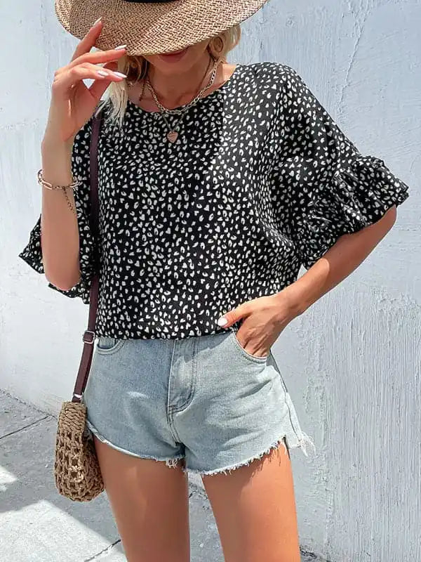 Women’s Ruffle-sleeve Leopard-print Blouse