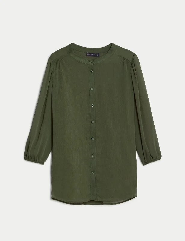 Crew Neck Button Through Blouse