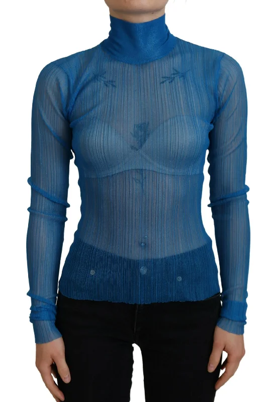 Elegant Blue Mesh Blouse Top