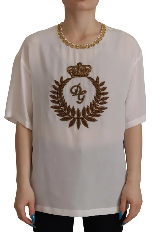 Elegant Silk Blouse with Gold Crown Embroidery