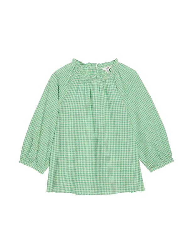 Pure Cotton Gingham Ruffle Blouse