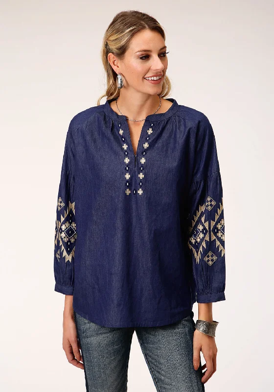 Roper Womens Indigo Denim 100% Cotton Bishop Sleeves S/S Blouse