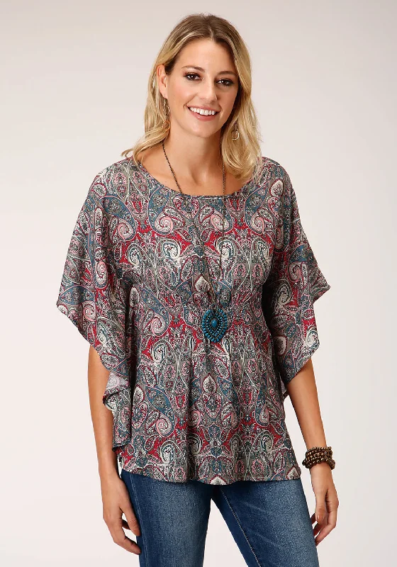 Roper Womens Sage Rayon/Nylon Paisley Print S/S Blouse