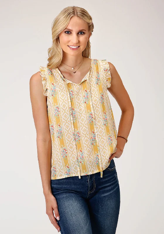 Roper Womens Southwest Wallpaper Yellow 100% Rayon S/L Blouse