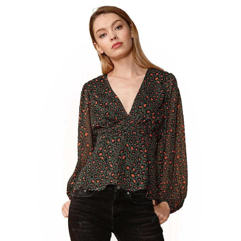 V-neck Puff Sleeve Blouse in Leopard Hunt