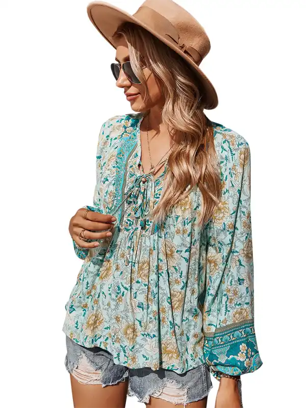 Women’s bohemian print resort short sleeve blouse