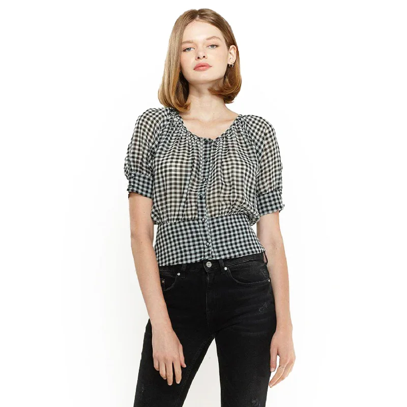 Women's Button Down Peplum Cropped Blouse in Black