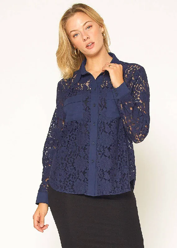 Women's Button Up Flower Lace Blouse in Navy