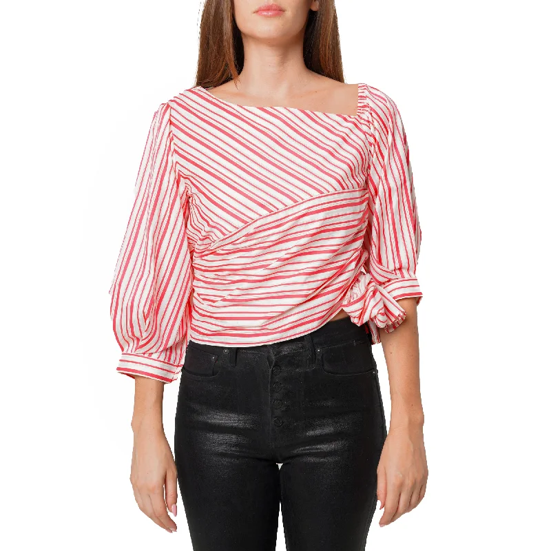 Women's Satin Stripe One Shoulder Blouse in Lipstick Stripe