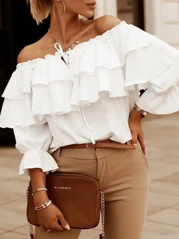 Women’s Solid Color 3/4-sleeves Double-ruffled Off-the-shoulder Tie-neck Blouse