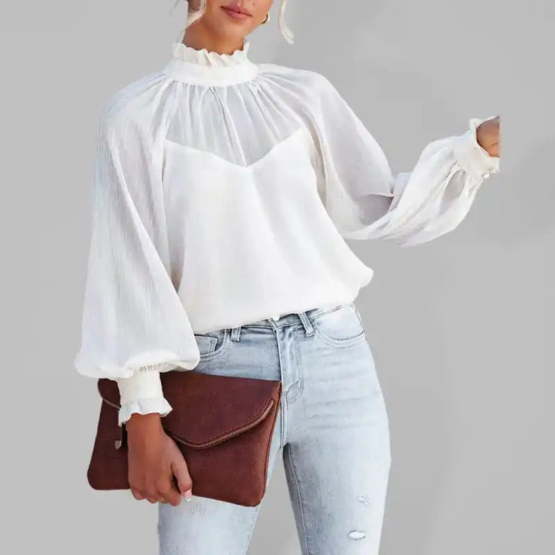 Women’s Solid Color Mock Neck Lantern Sleeve Blouse