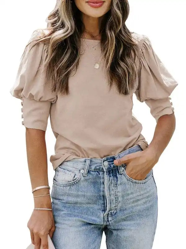 Women’s Solid Color Puff Sleeve Crew Neck Blouse