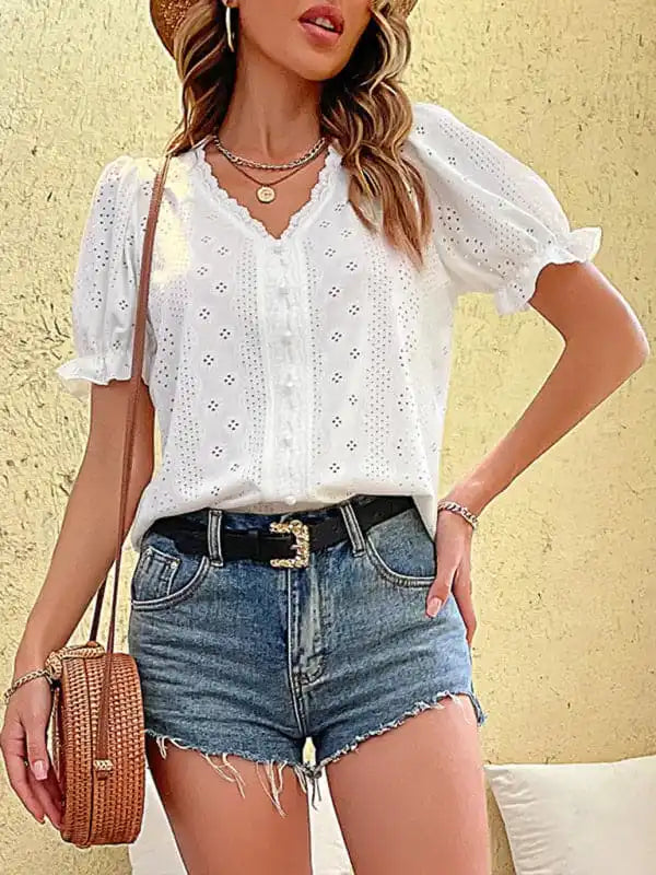 Women’s solid color V-neck hollow short-sleeved blouse