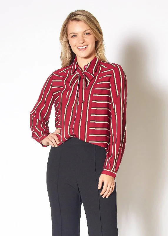 Womens Stripe Tie Neck Blouse in Dark Red Multi Stripe