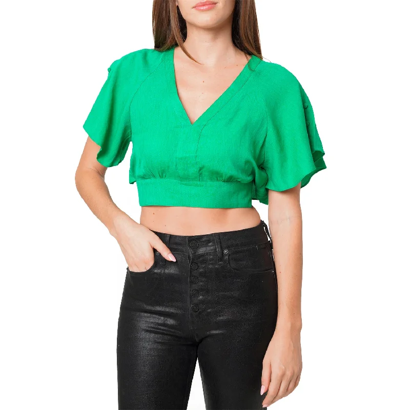 Women's Tie Waist Cape Sleeve Cropped Blouse in Kelly Green