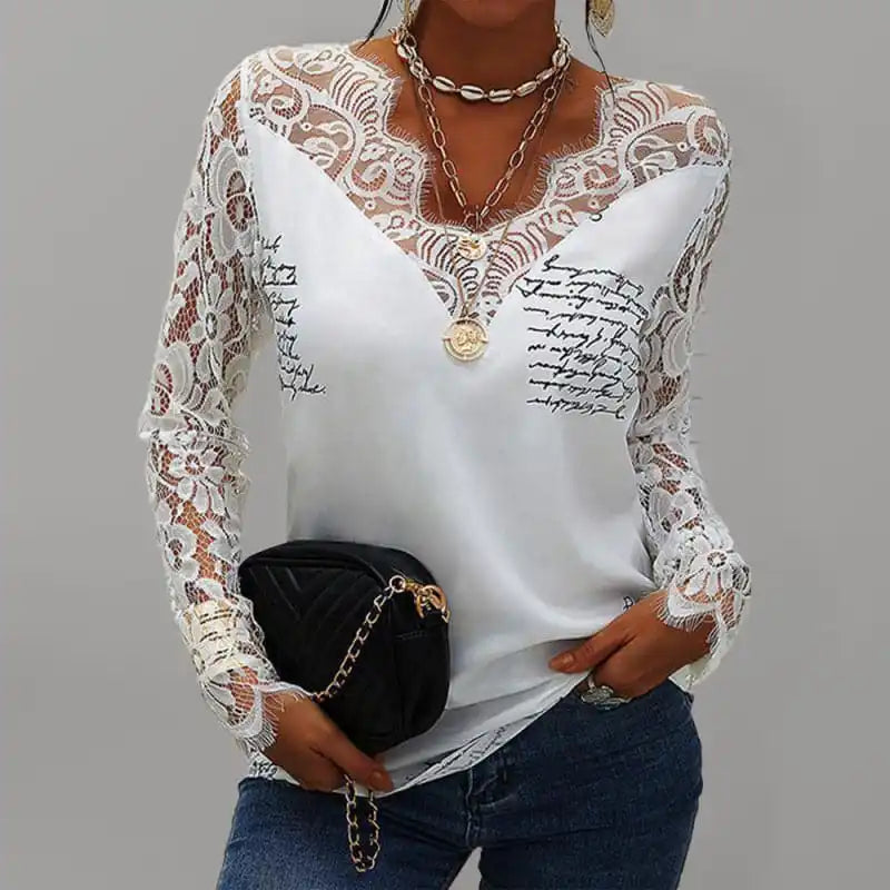 Women’s V Neck Lace Trim Long Sleeve Blouse Top