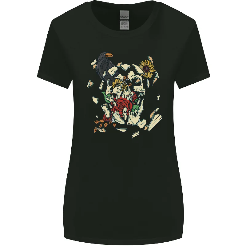 Broken Skull With Roses & Raven Womens Wider Cut T-Shirt