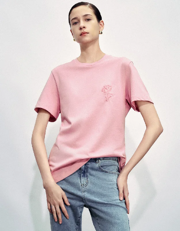 Flower Embossed Crew Neck T-Shirt