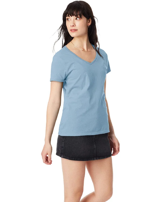 Hanes Ladies Ringspun Cotton Nano V-Neck T-Shirt | Light Blue