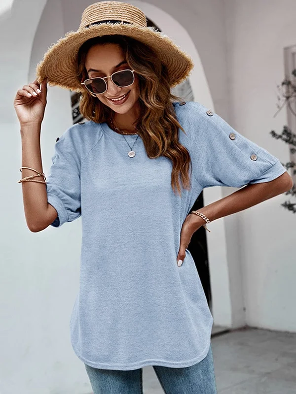 Round Neck Short Sleeve Button T-Shirt