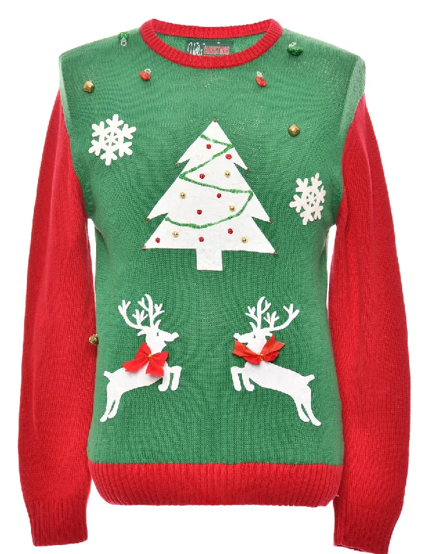 Festive Season Green Christmas Tree Design Jumper - M