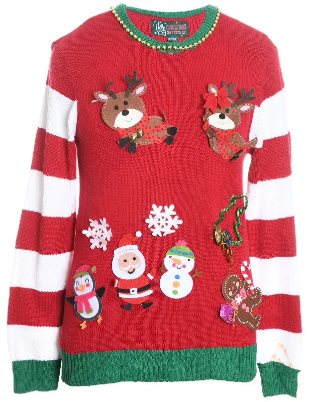 Festive Season Red & Green Reindeer Design Christmas Jumper - S