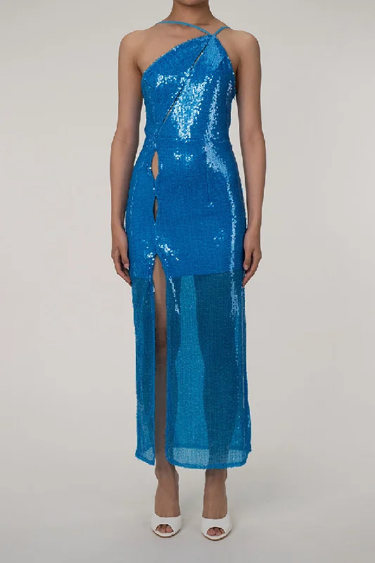 Asymmetrical One Shoulder Cutout High Split Sequin Evening Maxi Dress - Blue