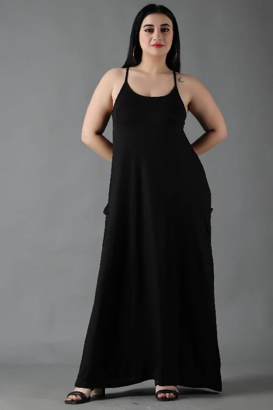 Black Solid Maxi Dress with Straps