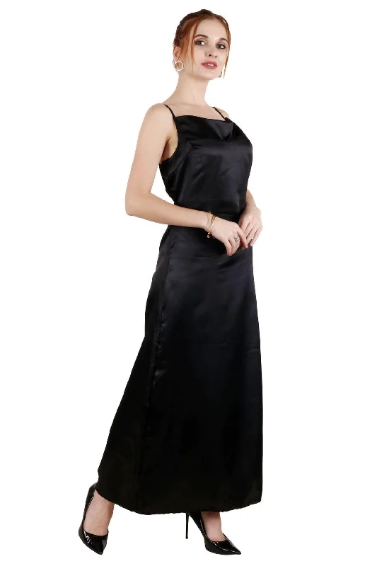 Black Solid Satin Maxi Dress