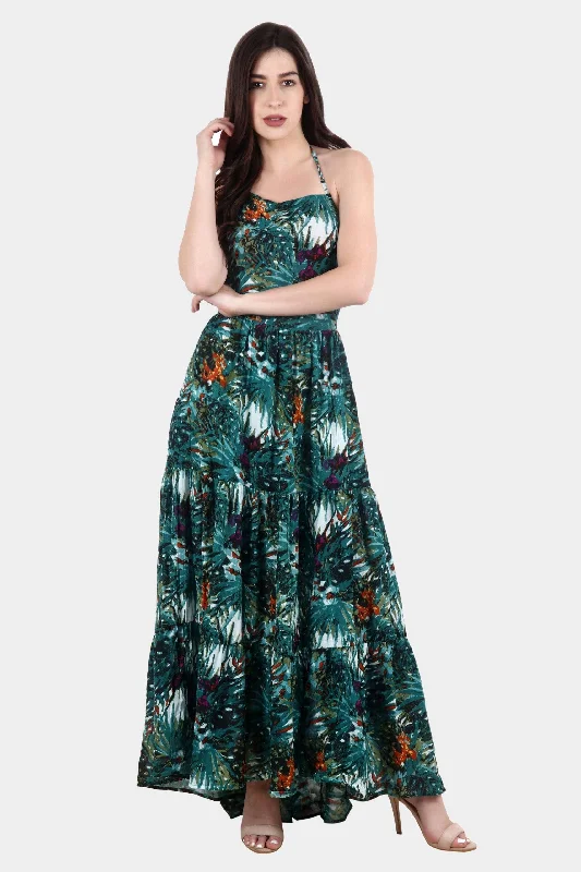 Green Leaf Printed Maxi Dress