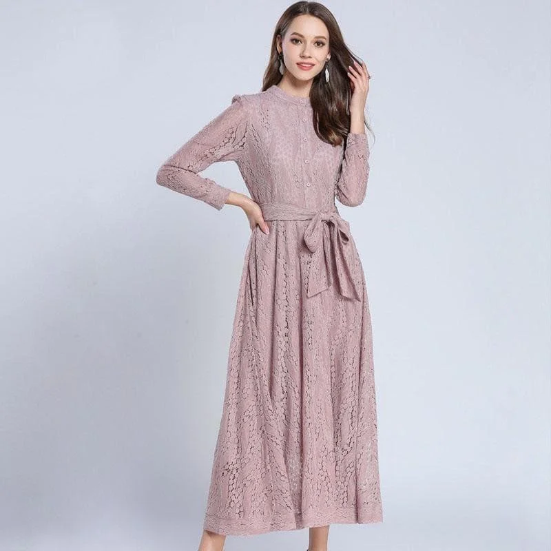 Pink A-line Vintage Belted  Lace Maxi Dress