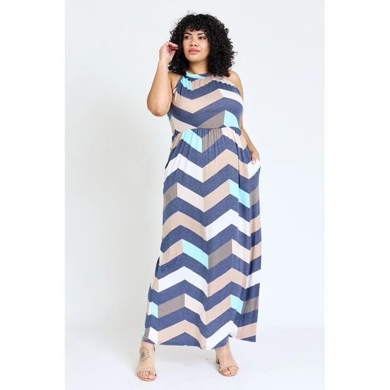 Plus Halter Neck Chevron Maxi Dress