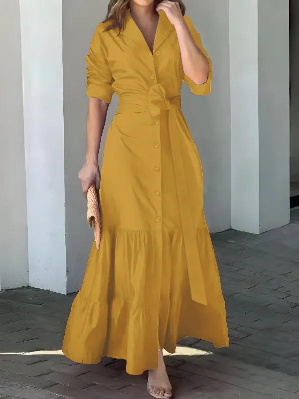 Solid Button Front Belted Dress, Elegant Ruched Sleeve Ruffle Trim Maxi Dress, Women's Clothing For Elegant Dressing