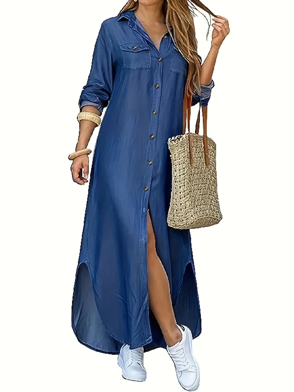 Solid Button Front Shirt Dress, Casual Long Sleeve Maxi Dress, Women's Clothing