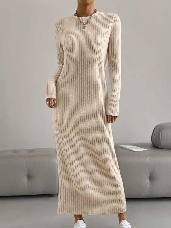 Solid Ribbed Knit Maxi Dress, Casual Crew Neck Long Sleeve Straight Maxi Dress For Fall & Winter, Women's Clothing