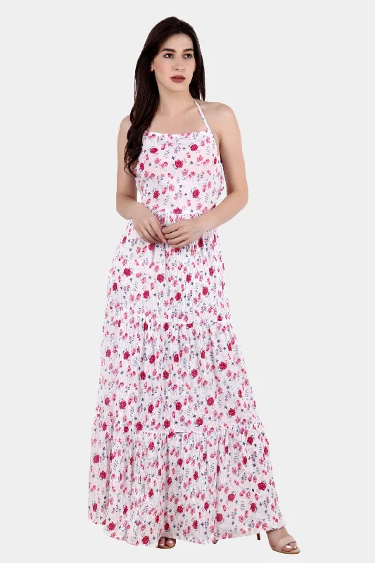 White Floral Printed Maxi Dress