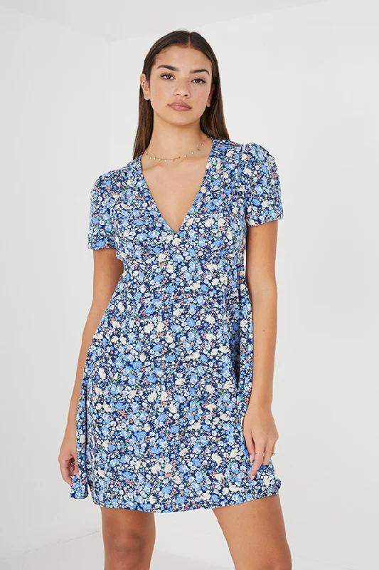 ALL OVER FLORAL V NECK MINI DRESS