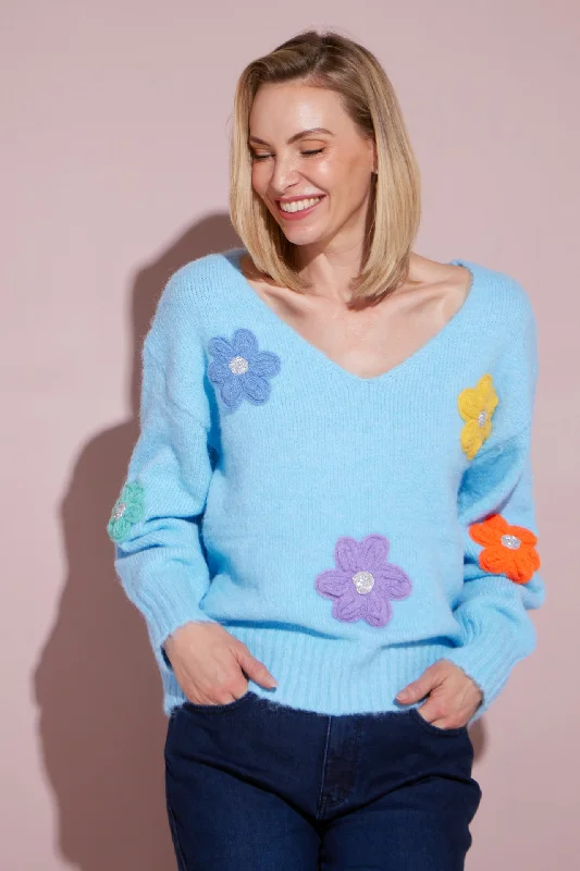 Appliqué Flower Knit Jumper - Blue