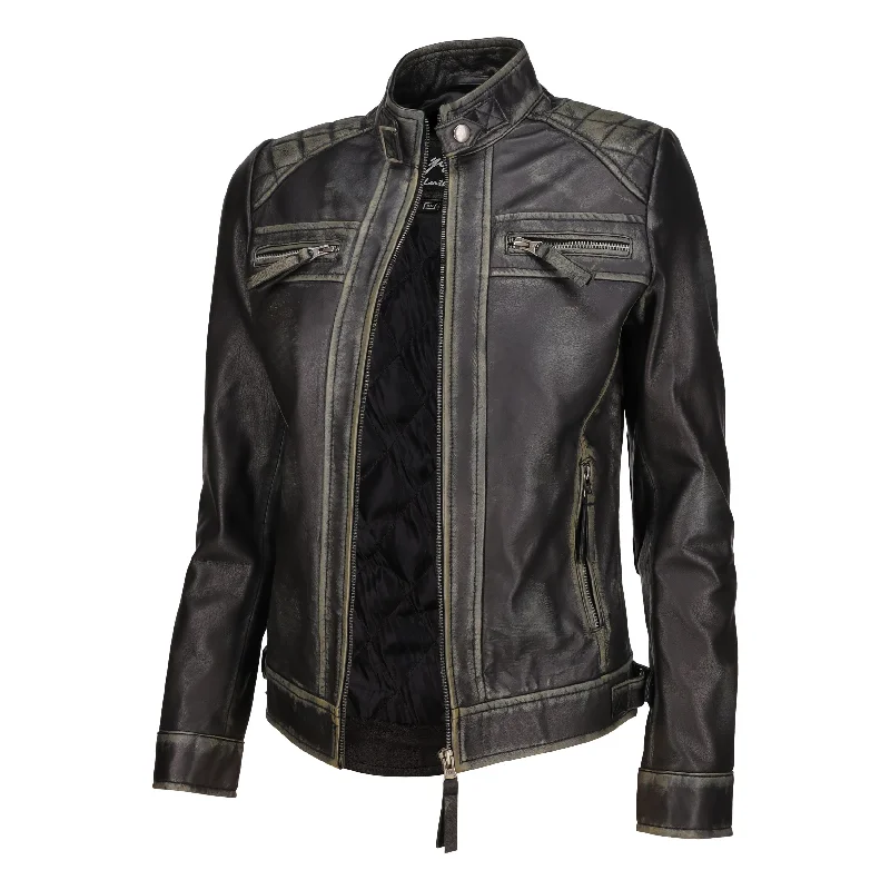 Café Racer Leather Jacket Women - Zip Up Moto Biker Style Casual Fashion Real Lambskin Women's Leather Jacket