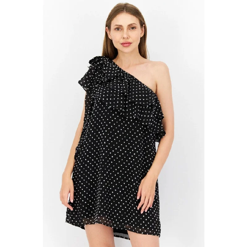 CECE Women's Clip Dot Mini Dress Large Black White Ruffle One Shoulder Lined NWT