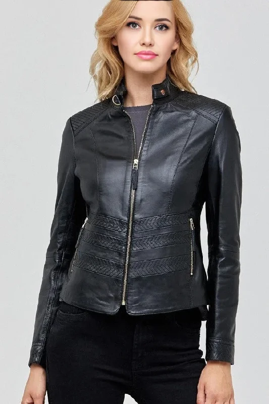 Dainty Biker Racer Black Leather Jacket For Women