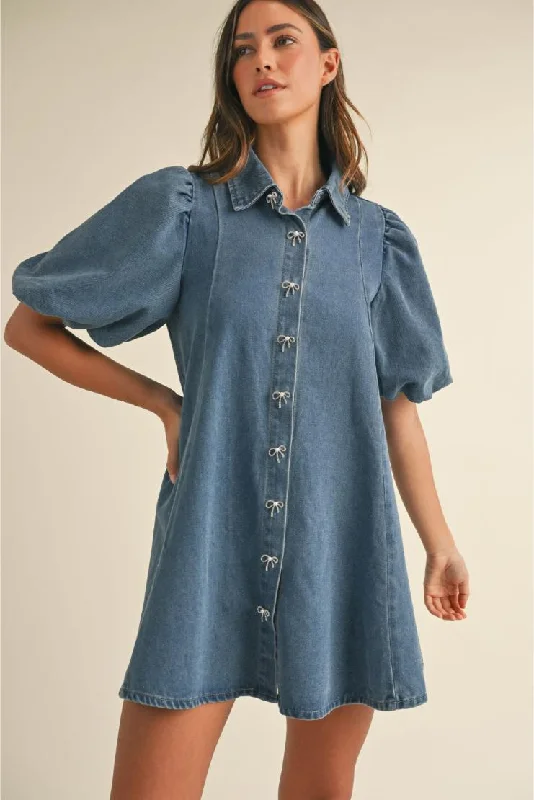 Dana Marie Denim Puff Sleeve Collared Mini Dress