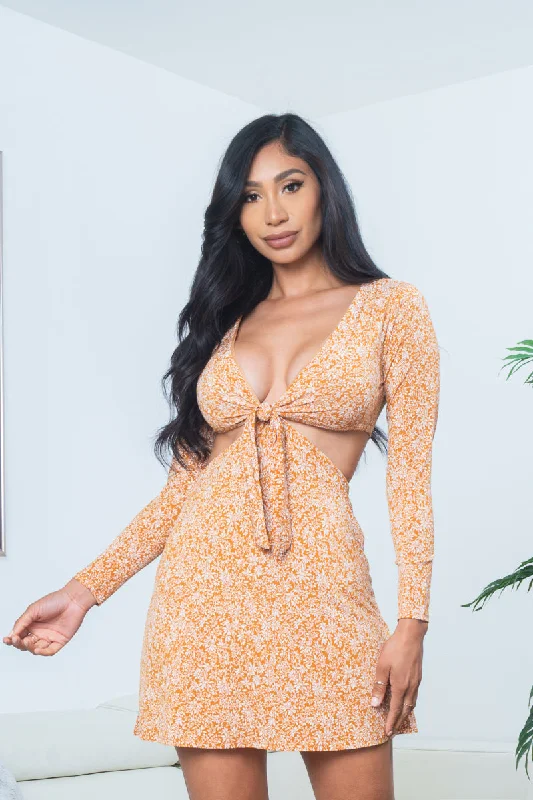 Floral Print Long Sleeve Tie Front Plunge V Neck Mini Dress with Midriff Cutout in Mustard (DR96989)