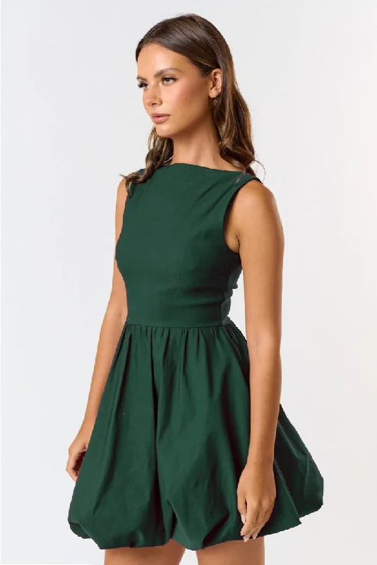 Nicola Boat Neck Bubble Hem Mini Dress - Hunter Green