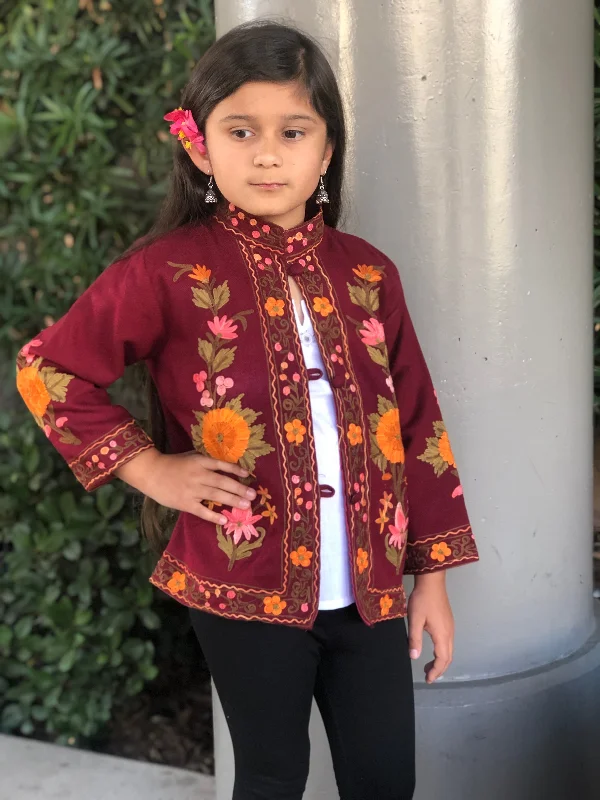 Kids Kashmiri Embroidery Wool Jacket - Maroon