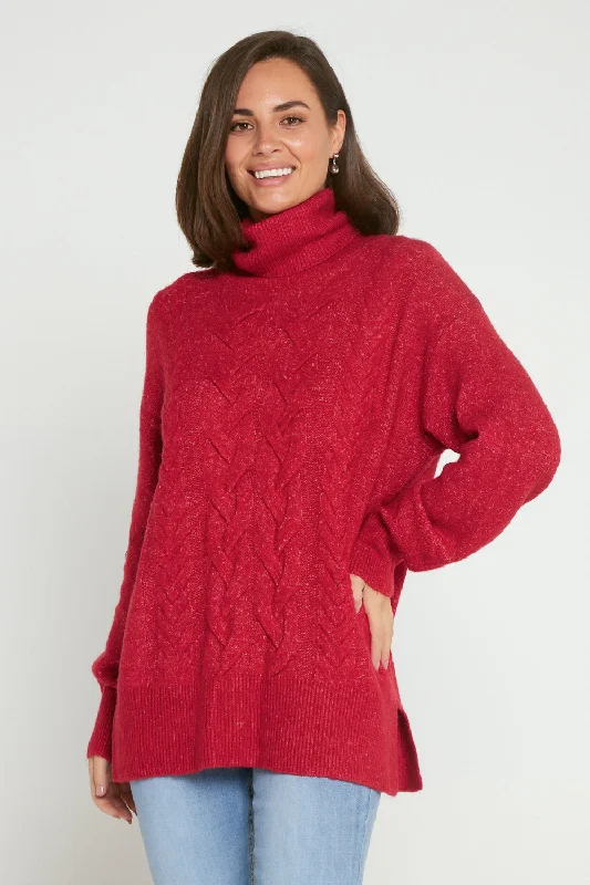 Miya Cowl Cable Knit Jumper - Raspberry