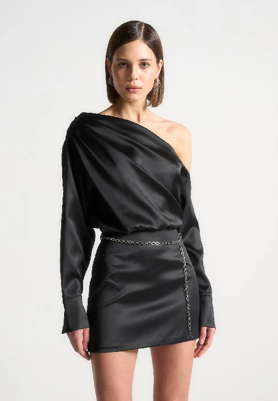 Off Shoulder Draped Satin Mini Dress with Belt - Black