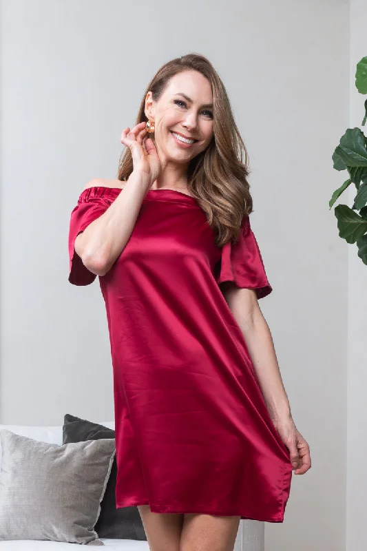 Silky Satin Off Shoulder Short Bell Sleeve Mini Dress (VID8545)