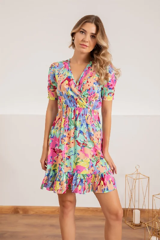 Printed Mini Dress With Gathered Sleeves - Blue