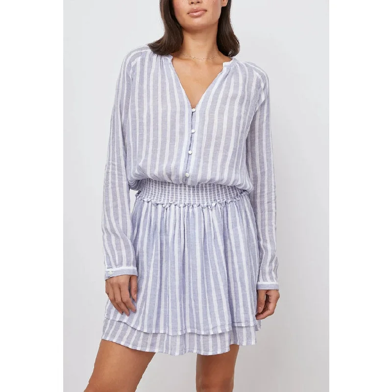 RAILS Jasmine Mini Dress XS Blue White Rhone Stripe V Neck Linen Blend NWT